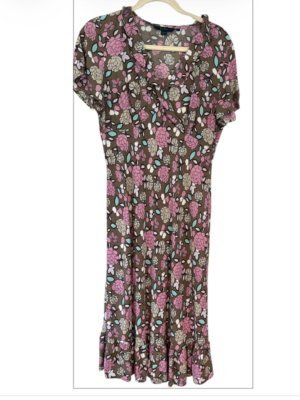 Boden Ruffled Midi Floral Dress Pink and Brown Side Zipper Sz 16 Cottagecore